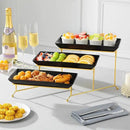 MALACASA 3 Tier Serving Trays for Party, 12 Inch Porcelain Black Trays for Serving Food, Dessert Stand with Collapsible Gold Metal Rack by CozyNest Decor
