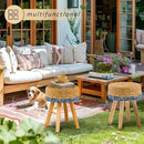 Handwoven Outdoor Ottoman, Water Hyacinth Pouf Round Patio Footstool with Wood Legs, 17-Inch Multipurpose Vanity Stool, Dining Chair, Patio Footrest for Balcony and Garden, Blue by CozyNest Decor