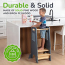 Toddler Tower with a Sliding Door and 3 Adjustable Heights - Complete Toddler Kitchen Stool Helper with Support Feet - Safe Design for 18+ Months to 6-Year-Old Kids - Gray by TinyTreasures Baby Boutique