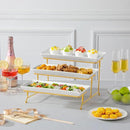 MALACASA 3 Tier Serving Trays for Party, 14 Inch Porcelain White Trays for Serving Food, Dessert Stand with Collapsible Gold Metal Rack by CozyNest Decor
