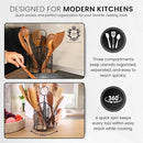 360° Rotating Kitchen Utensil Holder- 3 Compartment Organizer with Cork Bottoms | Includes Premium 9-Piece Acacia Wood Utensil Set | Professional & Home Luxury Design | Metal Utensil Crock (Black) by CozyNest Decor