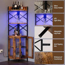 Corner Bar Cabinet with Power Outlet, 5-Tier Corner Wine Cabinet with Led Strip and Glass Holder, Industrial Tall Liquor Cabinet Bar Wine Rack for Home, Rustic Brown by CozyNest Decor