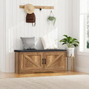 2-Tier Storage Bench, Shoe Bench with Padded Seat Cushion, Entryway Bench with 2 Barn Doors, Adjustable Shelf, 13.8" D x 39.4" W x 17.7" H, for Entryway, Living Room, Bedroom, Rustic Walnut by CozyNest Decor