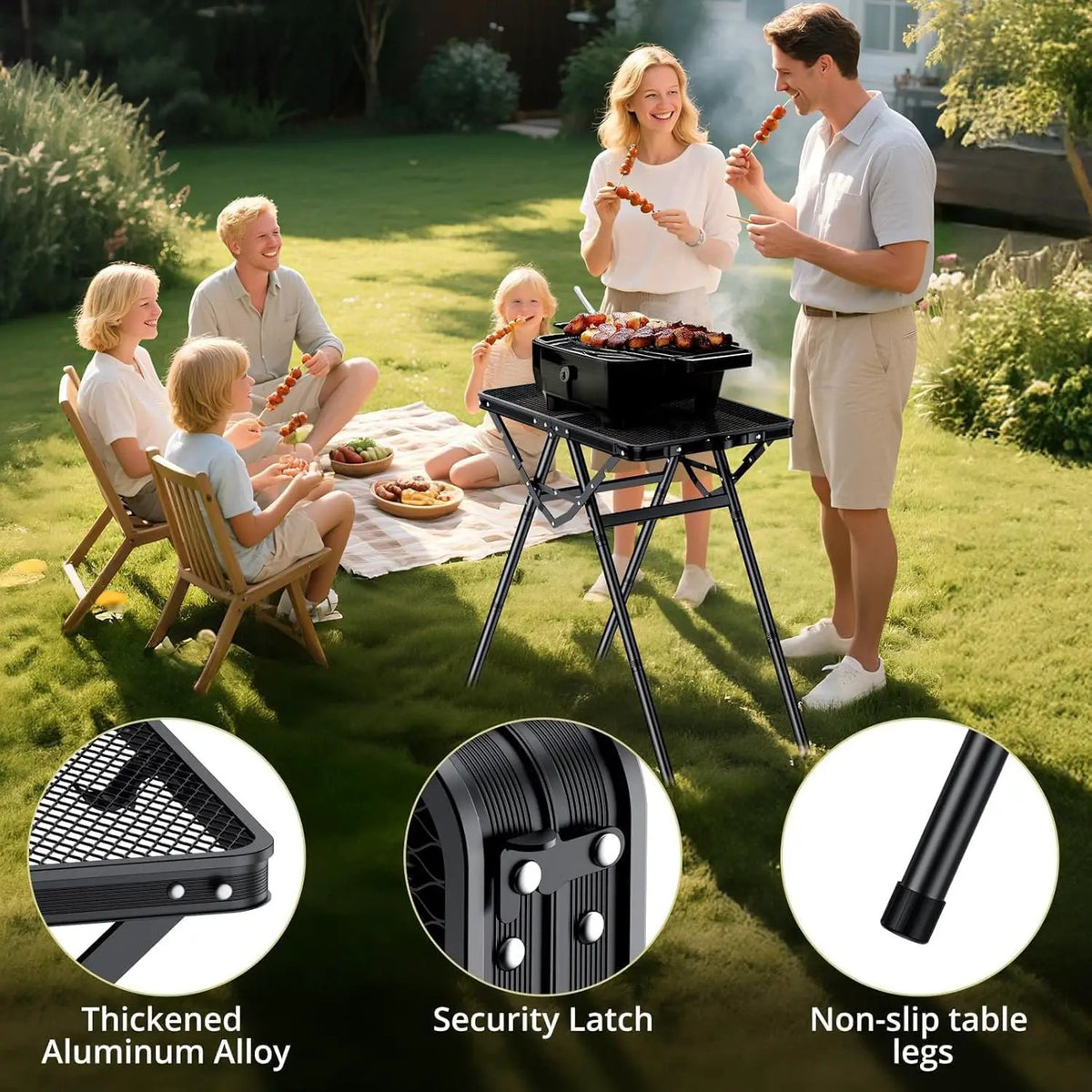 2ft Sturdy Folding Grill Table, Supports 180 Lbs, 2 Adjustable Height 28” Portable Grill Table, Heat-Resistant Tabletop, Folding Metal Table for Camping BBQ Cooking Backyard, 24" X 16", Black, photo 6 of 6