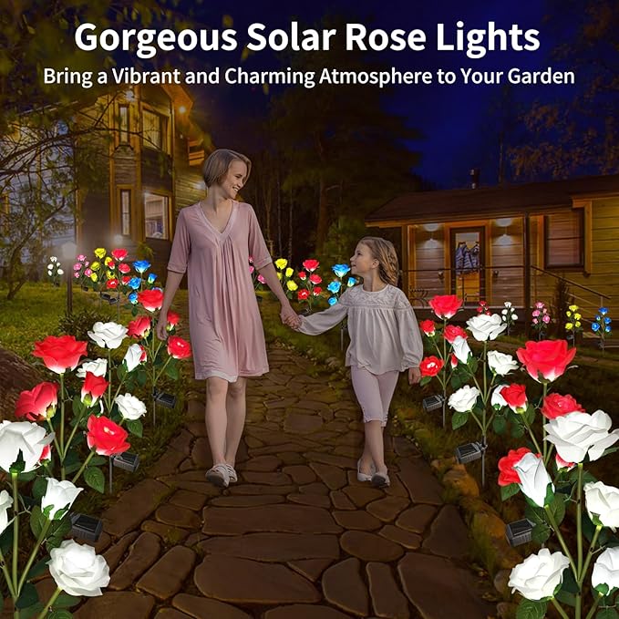 Solar Garden Lights, Solar Outdoor Lights with More Realistic 20 Rose Waterproof Solar Powered Flowers Lights for Outside Patio Yard Pathway Decorations, White and Red, photo 5 of 7