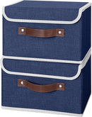ANMINY 2PCS Storage Bins with Lid PU Leather Handles Storage Boxes PP Plastic Board Decorative Foldable Lidded Cotton Linen Fabric Home Cubes Baskets Closet Organizer Containers - Blue, Small Size by TinyTreasures Baby Boutique