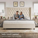 PaPaJet Queen Size Bed Frame with 61.4" Tall Headboard, Velvet Modern Upholstered Tufted Bed for Adults, Handmade Deep Button Tufting, Solid Wood Legs, No Box Spring Required, Cream by CozyNest Decor