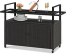 DWVO Patio Bar Table,Outdoor Kitchen Island with Glass Top,Rattan Patio Storage Cabinet with Wheels,Bar Cart for Poolside and Backyard,Black by CozyNest Decor