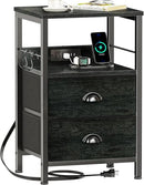 Furologee Nightstand with Charging Station, Black Night Stand with 2 Fabric Drawers, Side Table with USB Ports, End Table with Storage Shelf, for Living Room/Bedroom, Black Oak by CozyNest Decor