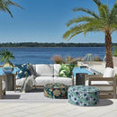 LVTXIII Indoor/Outdoor Inflatable Ottoman, D31 x H14 Inch Large Round Ottoman, All Weather Foot Rest Stool, Portable Footrest for Patio, Garden, Camping and Home - Blue Salmone Tropical by CozyNest Decor