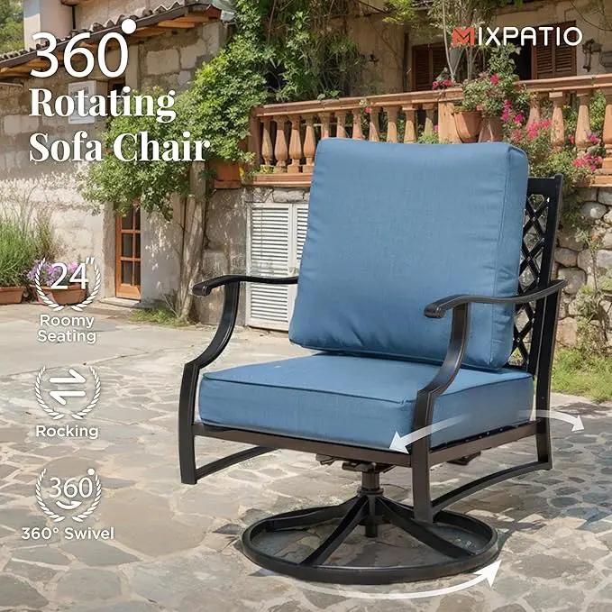 Patio Furniture Set with Fire Pit Table, 5 Pcs Metal Outdoor Conversation Set, 4 Swivel Chairs with 5.75" Extra Thick Cushion and 28" Fire Pit Table for Backyard Deck, Navy Blue, photo 7 of 8