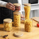 ComSaf Glass Spaghetti Pasta Storage Container with Lids 2 Qt Set of 3, Tall Clear Airtight Food Storage Jar with Wood Cover Kitchen Pantry Storage Container for Noodles Flour Cereal Coffee Beans by CozyNest Decor
