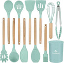 Silicone Cooking Utensils Set, Premium Beech Wood Handle Kitchen Gadgets Utensil Set, Non-Stick Kitchen Utensils Spatula, Tongs, Turner, Whisk, Brush, Spoon, BPA FREE, 446°F Resistant (Mint) by CozyNest Decor