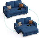 LINSY HOME Loveseat Sofa with Pull Out Couch Chaise: 2-in-1 Convertible 2 Seater Sofa with USB Charging & Cup Holders, Comfy Plush Corduroy Love Seat for Small Spaces Living Room Apartment, Blue by CozyNest Decor