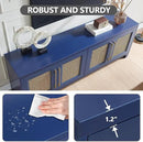 JYED Mid Century Modern TV Stand for TVs up to 75", 69.5" W Blue Entertainment Center with 4 Gold Metal Mesh Doors - Wood Grain MDF TV Console, Media Storage by CozyNest Decor