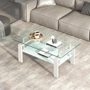 Glass Coffee Table Rectangle White Living Room Center Table, 39inch Transparent Tempered Glass Tabletop and Metal Frame, White + Clear Glass by CozyNest Decor