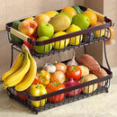 2 Tier Fruit Basket for Kitchen Counter with 2 Banana Hangers, 2025 Pro Detachable Metal Fruit Bowl with Wooden Handle,Fruit Holder for Bread Snack Veggies, Brown by CozyNest Decor