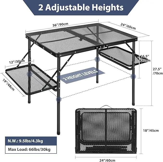 REDCAMP 36x24 Folding Grill Table for Outside with 2 Side Tables, Lightweight Portable Metal Aluminum Outdoor Grill Table with Adjustable Height Legs, Great for Camping Picnic Cooking BBQ, Black 3ft, photo 3 of 9