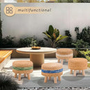 Handwoven Round Ottoman, Natural Water Hyacinth Outdoor Patio Pouf Seagrass Low Stool with Wood Legs, Soft Padded Footrest for Living Room Bedroom Garden, Blue by CozyNest Decor