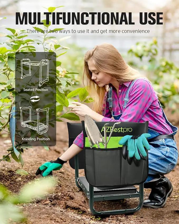Garden Kneeler and Seat Heavy Duty, Upgraded Foldable Gardening Stool - Widened to 10" Stable Wear-resistant Prevent Knee and Back Pain, Beautiful Logo high-end 2 Large Tool Bags Gift for Women, photo 4 of 6