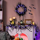 JORNOY 16inch LED Halloween Wreath with Battery Timer - Black Artificial Leaves&Silk Ribbon Decor Hanging for Front Door, Mantel, Porch, Wall, Party Decorations by CozyNest Decor