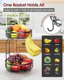 Fruit Basket for Kitchen Counter - 2-Tier Large Capacity Fruit Bowl with Detachable Banana Hanger, Rust-Proof Metal Fruit Holder for Vegetables, Bread, Toiletry,10" D x 10" W x 14" H, Black by CozyNest Decor