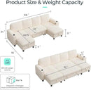 LINSY HOME Sectional Sleeper Sofa with Pull Out Couch Bed - Convertible Plush Corduroy Cloud Couch with Storage Chaise & USB Charging, Comfy U Shaped Modular Couches for Living Room, Beige by CozyNest Decor