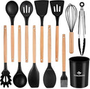 Silicone Cooking Utensils Set, Premium Beech Wood Handle Kitchen Gadgets Utensil Set, Non-Stick Kitchen Utensils Spatula, Tongs, Turner, Whisk, Brush, Spoon, BPA FREE, 446°F Resistant (Black) by CozyNest Decor