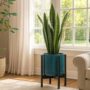 D'vine Dev Ceramic Planter with Ebony Stand - 12 Inch Modern Round Flower Pot with Wood Planter Holder, Teal, 55-B-H-4 by CozyNest Decor