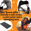 Hiking Baby Carrier Backpack - Comfortable Toddler/Baby Backpack Carrier System with Diaper Change Pad, Insulated Pocket + Rain and Sun Hood to Protect Your Child by TinyTreasures Baby Boutique