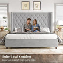 PaPaJet Queen Size Bed Frame with 61.4" Tall Headboard, Velvet Upholstered Platform and Handmade Deep Button Tufting, No Box Spring Required, Grey by CozyNest Decor