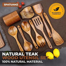 SPATUAMZ Wooden Spoons for Cooking, Teak Wood Kitchen Utensil Set for Nonstick Cookware, Durable Cooking Spatulas Set of 9 with Holder and Spoon Rest by CozyNest Decor