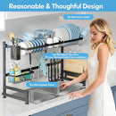 2 Tier Extra Large Stainless Steel Expandable Over The Sink Dish Drainer Drying Rack, Rust Proof Metal, Space Saving, Modern Black Big Capacity Extendable Plate Strainers Above Kitchen Counter by CozyNest Decor