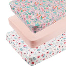 Pack n Play Sheet Stretchy Fitted Portable Mini Crib Sheets Set 3 Pack,Playard Sheets Convertible Playard Mattress Cover,Ultra Soft Jersey Material,Floral,Grey Rabbit & Pink by TinyTreasures Baby Boutique