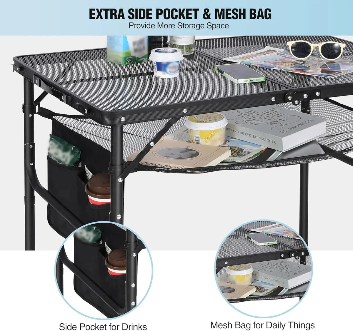 RedSwing Folding Grill Table,Aluminum Portable Grill Stand Table for Outdoor Camping Picnic BBQ Lightweight, Adjustable Height, 36''x24''x16/28'', Black, photo 5 of 6