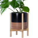 D'vine Dev Ceramic Planter with Natural Stand - 12 Inch Modern Round Flower Pot with Wood Planter Holder, Black/Speckled Tan, 55-B-J-7 by CozyNest Decor