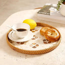 Round Rattan Tray with Mother of Pearl Inlay & Wooden Base - Decorative Wicker Serving Tray for Coffee/Bread/Fruits, Food Storage & Display - Multipurpose Home Decor (L,Four-Petal Flower) by CozyNest Decor