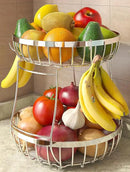 2 Tier Fruit Basket for Kitchen Counter with 2 Banana Hangers, Metal Stackable Fruit Bowl for Kitchen Counter for Bread Vegetable Fruits, Silvery by CozyNest Decor
