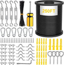 String Light Hanging Kit Outdoor Lighting Hanging Kit with 250 Ft Black Coated Wire Cable, Turnbuckle, Hooks and Enough Outdoor Accessories for Outside, Patio, Garden by GreenHaven Gardens