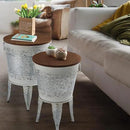 Rustic Storage Farmhouse Accent Side Table, Antique Galvanized Metal End Coffee Cocktail Table Box Bin with Round Wooden Lid Set of 2 (Distressed White) by CozyNest Decor