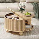 Round Coffee Table with Storage,Fluted Lift Up Coffee Table with Sliding Door,31.5" Drum Center Table with Bun Feet for Living Room,Home Small Space,Oak by CozyNest Decor
