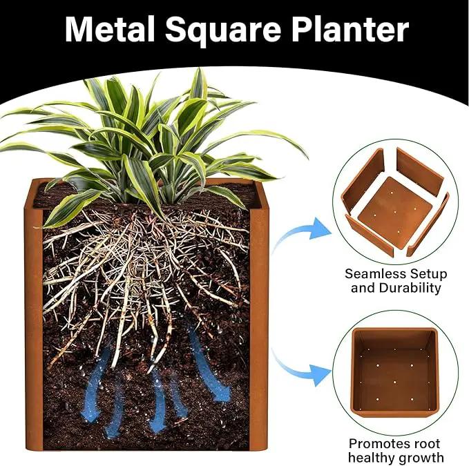 Corten Steel Planter Box 24" L x 24" W x 24" H,Large Metal Square Planter for Outdoor Plants,Metal Cube Flower Pot with Drainage Hole for Porch Hotel Patio Yard, photo 3 of 7