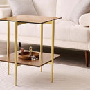 Glass End Table, Mid-Century Modern Design Sofa Table, L41 x W21 x H17, for Living Room, 2-Tier Structure, Clear Glass Top and Walnut MDF Shelf, Sleek Conical Metal Legs with Gold Finish Frame by CozyNest Decor