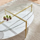 Oval Glass Coffee Table, Mid-Century Modern Design, L43 x W22 x H17 inch, Surfboard Shaped Clear Glass Top and White Marble Finish Wood Shelf, Tapered Legs with Gold Finish Frame by CozyNest Decor