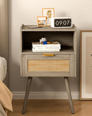 Rattan Nightstand,Modern Bedside Table with Storage Drawer and Open Wood Shelf, for Living Room, Bedroom and Small Spaces, Accent Night Stand with Solid Wood Legs, Easy Assembly(Grey Oak) by CozyNest Decor