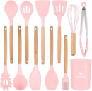 Silicone Cooking Utensils Set, Premium Beech Wood Handle Kitchen Gadgets Utensil Set, Non-Stick Kitchen Utensils Spatula, Tongs, Turner, Whisk, Brush, Spoon, BPA FREE, 446°F Resistant (Pink) by CozyNest Decor