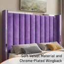 Jocisland Queen Bed Frame with 58" Tall Headboard, Velvet Upholstered Platform Bed with Channel Tufted Wingback Headboard and Plating Trim, No Box Spring Needed, Purple by CozyNest Decor