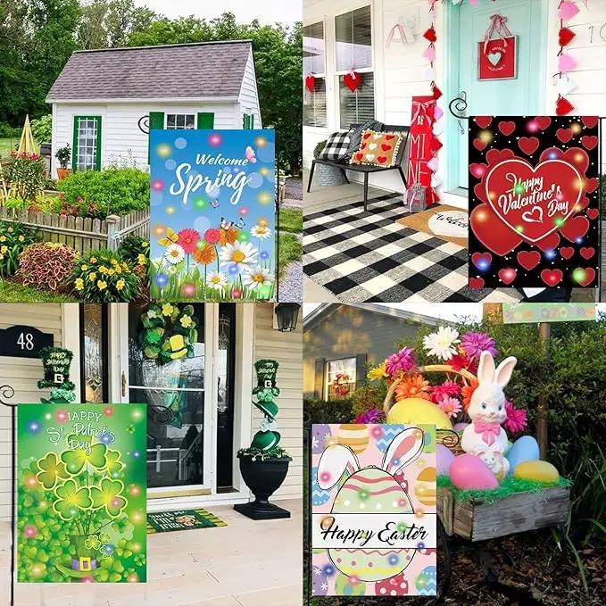 Lighted Seasonal Garden Flags Set of 12 Double Sided 12 x 18 Inch LED Yard Flags, Small Flags for Outside, Fall Winter Halloween Christmas Outdoor Flags,Solar Holiday Garden Flags for All Seasons, photo 5 of 8