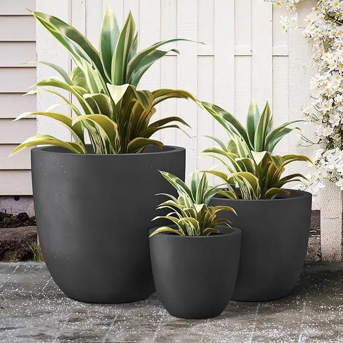 Kante 18",14",10" Dia Concrete Round Planters (Set of 3), Outdoor Indoor Large Planter Pots with Drainage Hole and Rubber Plug for Home Patio Garden, Black, photo 4 of 8