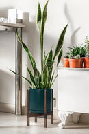 D'vine Dev Ceramic Planter with Walnut Color Stand - 10 Inch Modern Round Flower Pot with Wood Planter Holder, Teal, 55-B-X-4 by CozyNest Decor